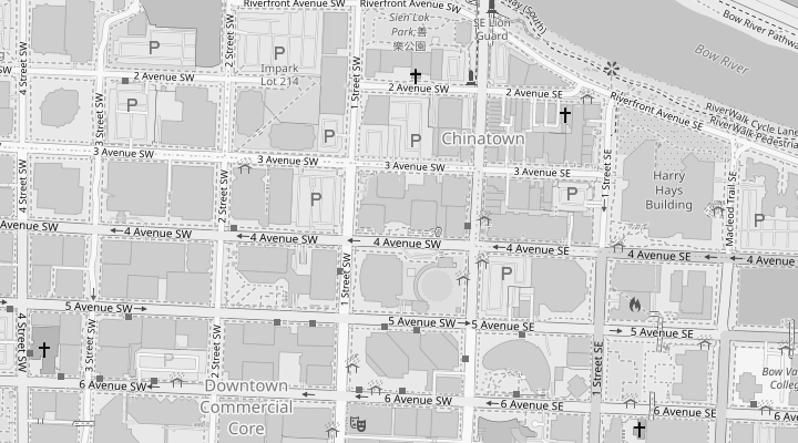 Street map of downtown Calgary centred on the Mbrace Energy office at 112 4th Avenue SW, between Centre Street and 1st Street SW