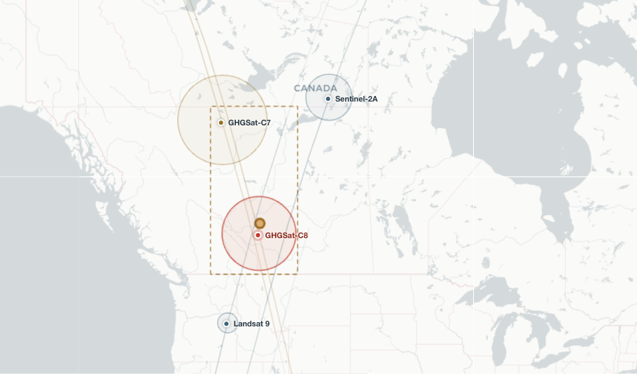Live overpass tracking in the Mbrace platform: GHGSat, Sentinel and Landsat passes and footprints over western Canada, with a monitored well inside a footprint